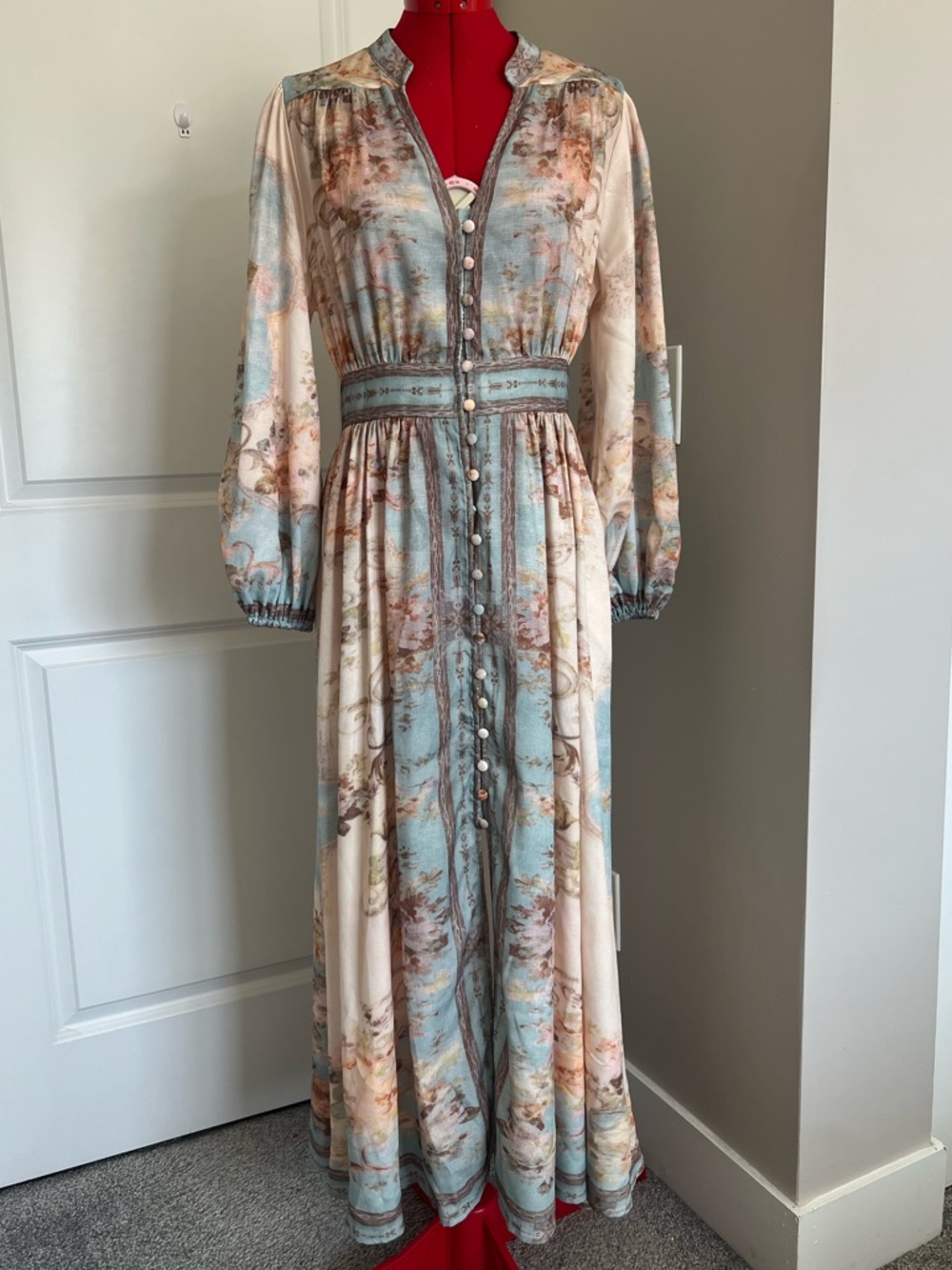 Zimmermann Pastel Floral Button-Front Maxi Dress in Blue and Cream